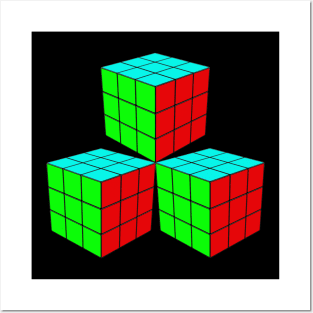 Three Rubik Cubes in a Triangle - Green, Light Blue and Red Posters and Art